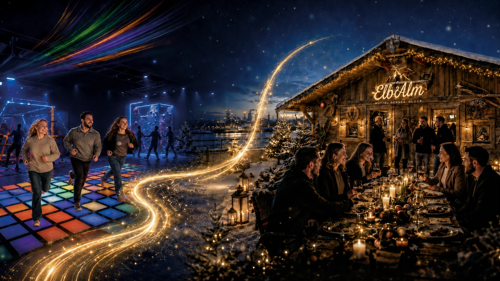Bildmontage: Spieler auf einem Leuchtboden und festliche Tafel vor der ElbAlm-Hütte