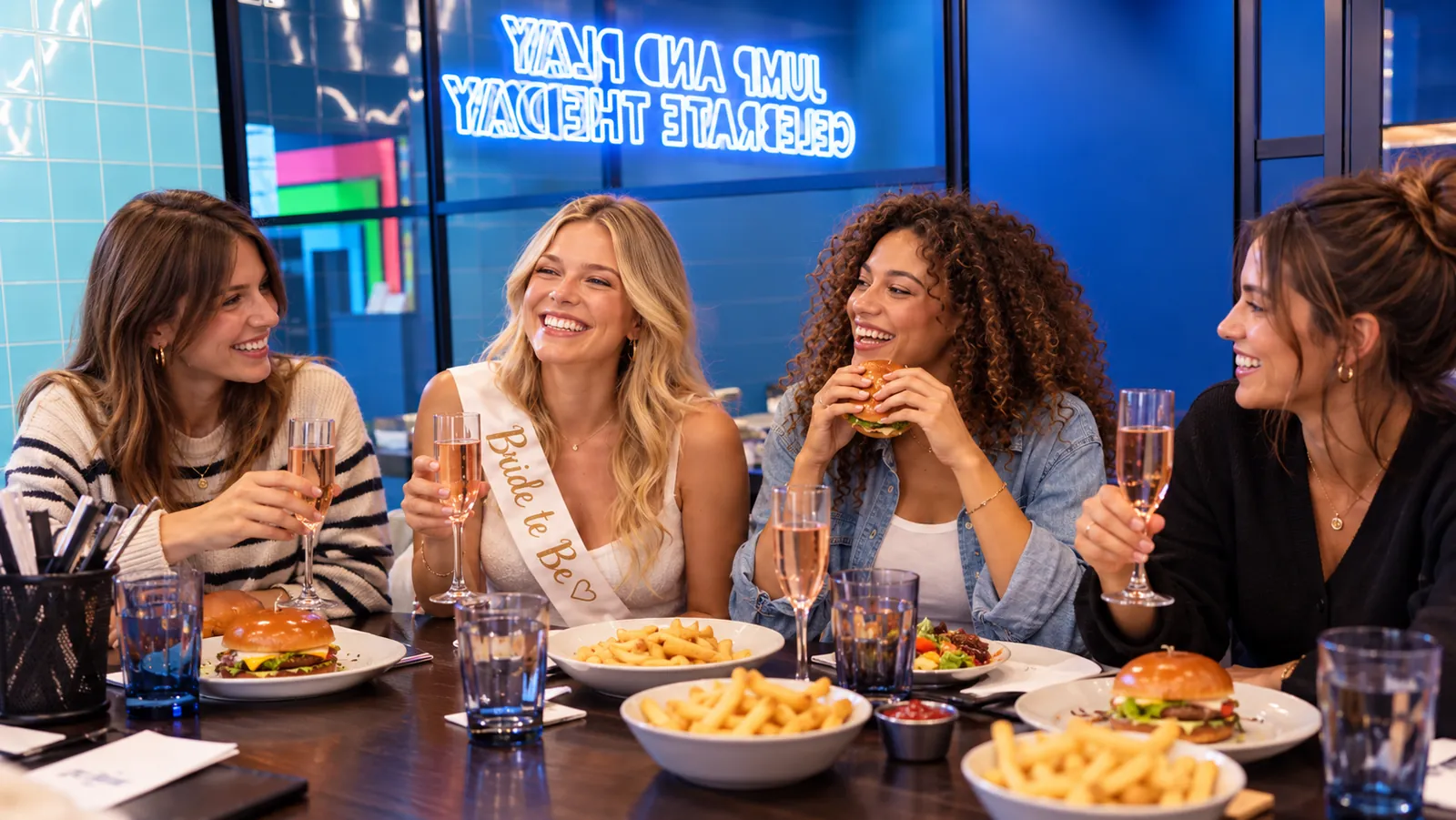 Frauen mit Burgern und Sekt am Tisch, eine trägt eine Schärpe